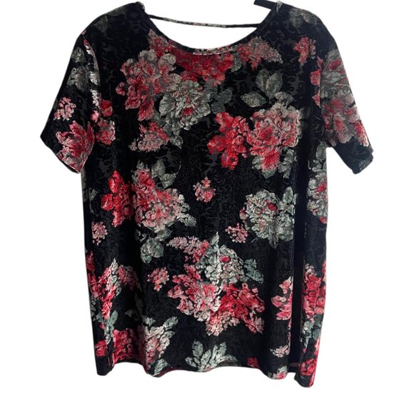 Mts Size S Black Short Sleeve Velvet Burn Out Blouse Top Dark Floral Whimsigoth - Picture 1 of 6